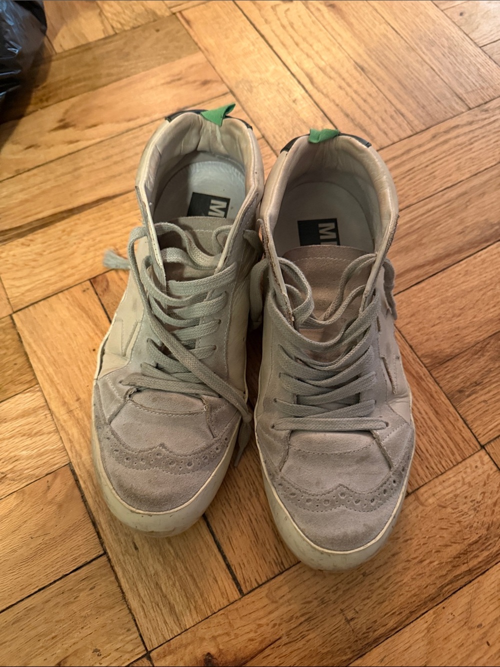 Golden Goose Women's Suede Sneakers in Light Gray with Green Heel Tabs